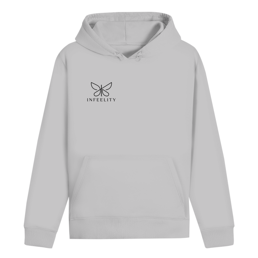 Grauer Hoodie "Dont hate meditate" Vorderseite mit Infeelity Logo