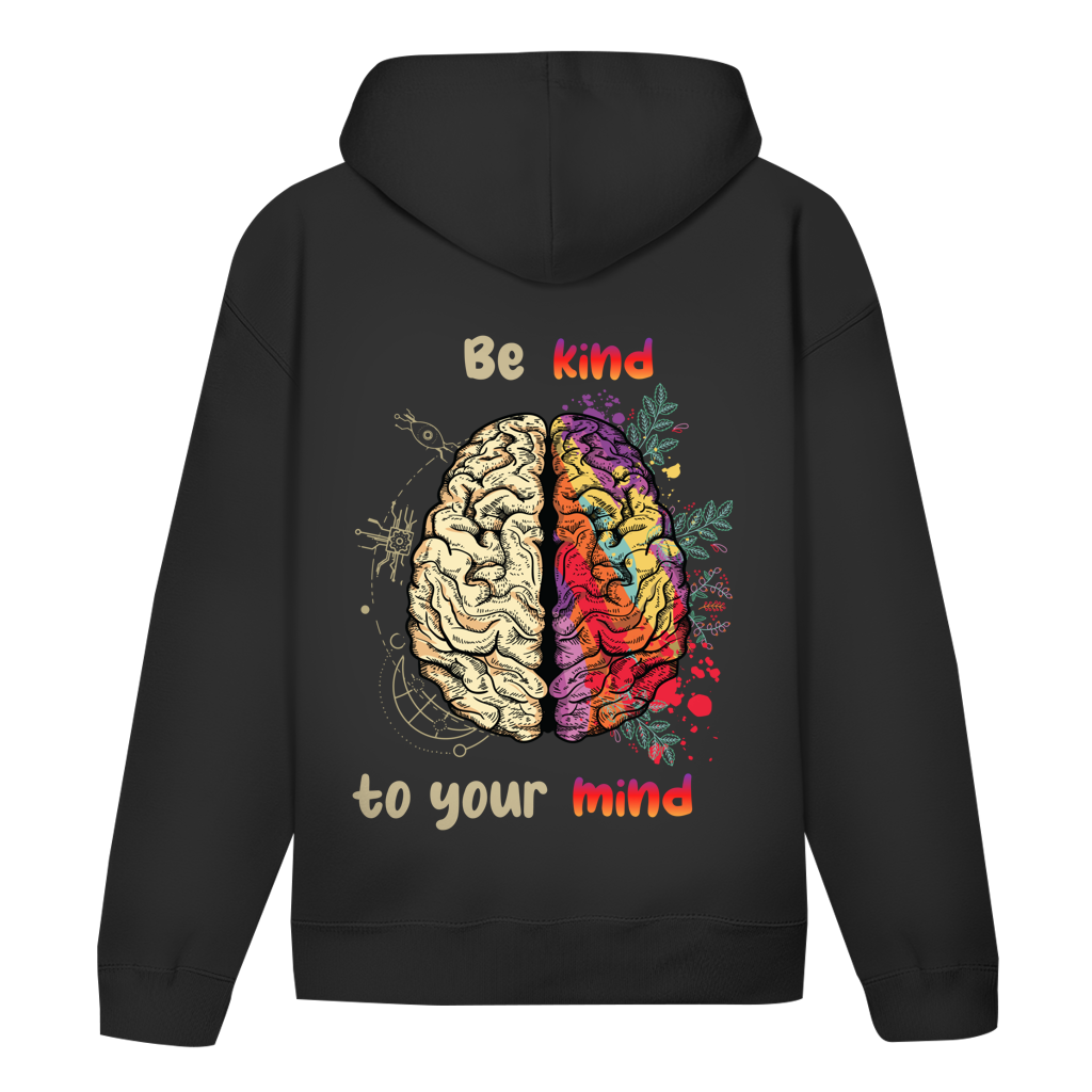 Schwarzer Hoodie "Be kind to your mind" Rückseite mit Backprint