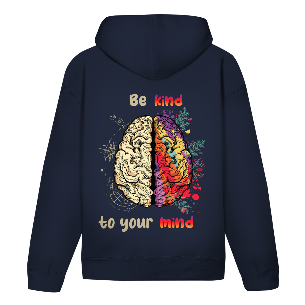 Navy blauer Hoodie "Be kind to your mind" Rückseite mit Backprint