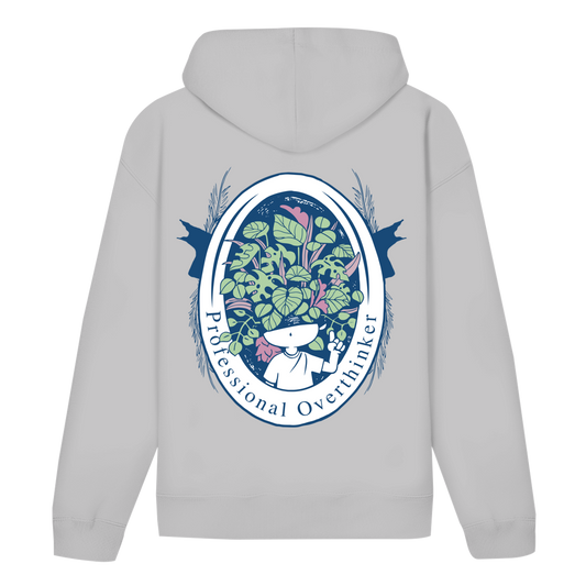 Grauer Hoodie "Professional Overthinker"  Rückseite mit Backprint