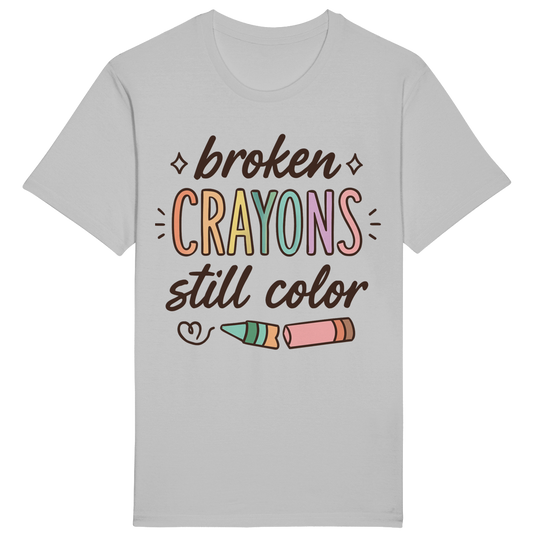 Graues T-Shirt "Broken crayons still color" Vorderseite